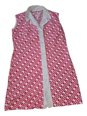 Vintage Sleeveless Red Patterned Shirt Dress with White Trim